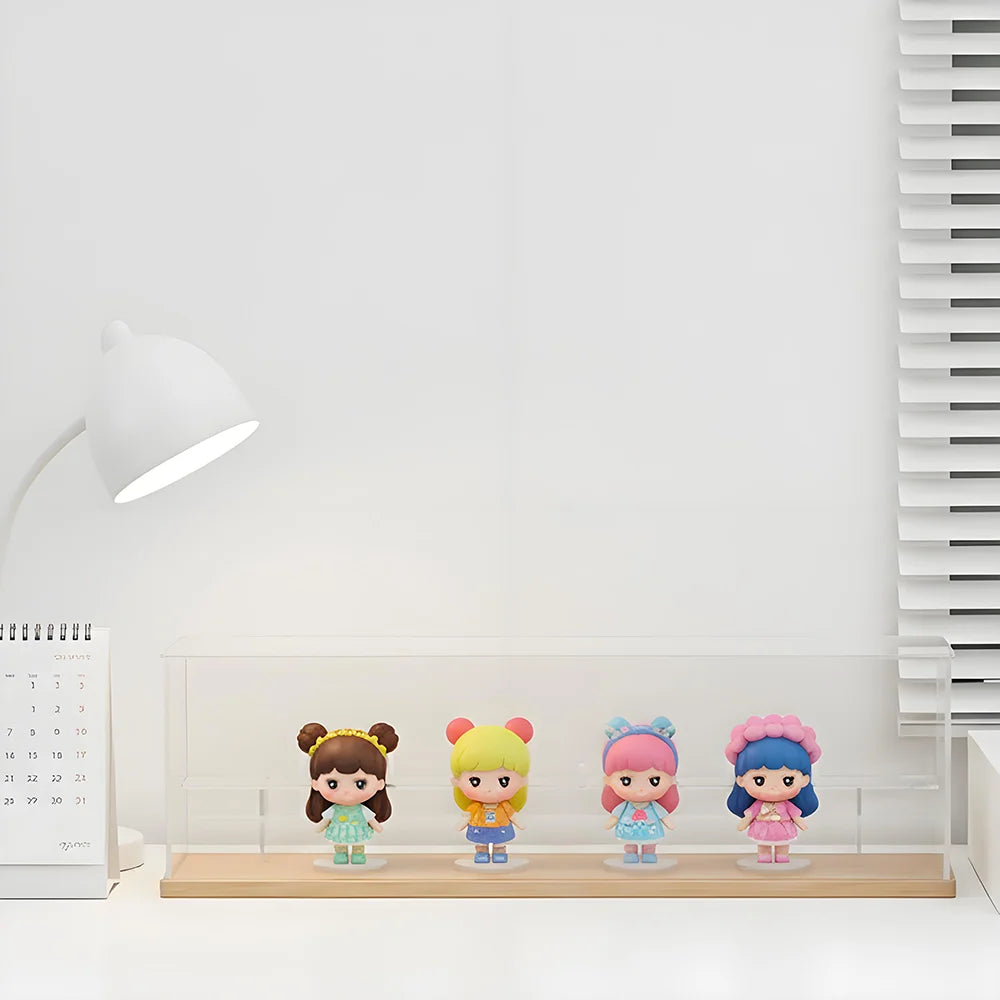 60cm Long Clear Acrylic Blind Box Display Case Solid Wood Base 2/3 Tiers Removable Shelves Dustproof Figurine Action Figure Organizer Showcase Cabinet with Magnetic Front Door for Pop Mart Collectibles Home Decor