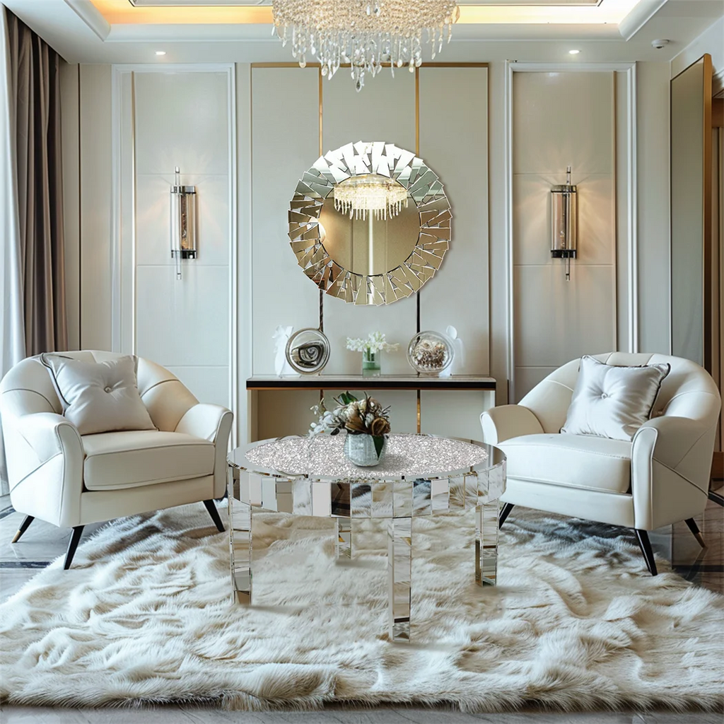 Luxury Round Mirrored Coffee Table Silver Coffee Table Accent Side Table  for Living Room,Bedroom