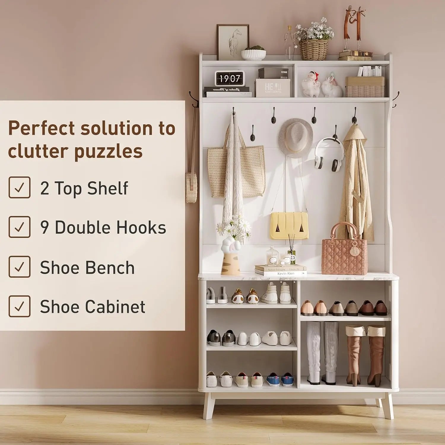 4-in-1 Entryway/Hallway Tree with Shoe Storage, 77" Coat Rack with 18 Shoes Cubbies & 9 Coat Hooks