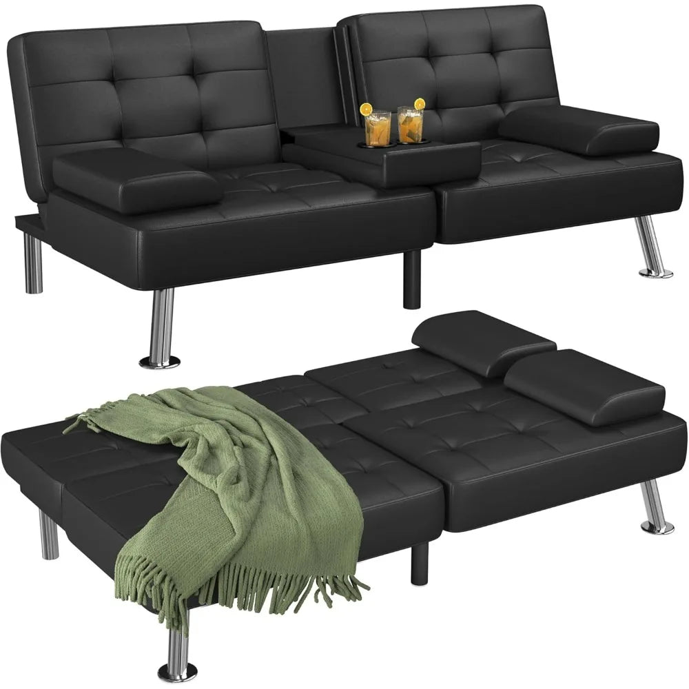 Modern Convertible Futon Sofa Bed with Folding Recliner and 2 Cup Holders, Removable Armrests