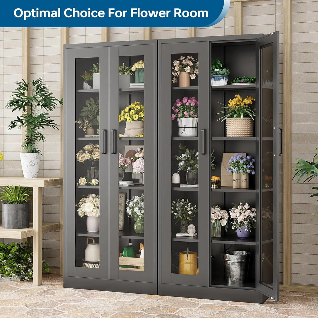 67" Glass Door Display Cabinet with 4 Adjustable Shelves, Heavy Duty Steel Storage Case for Home Office