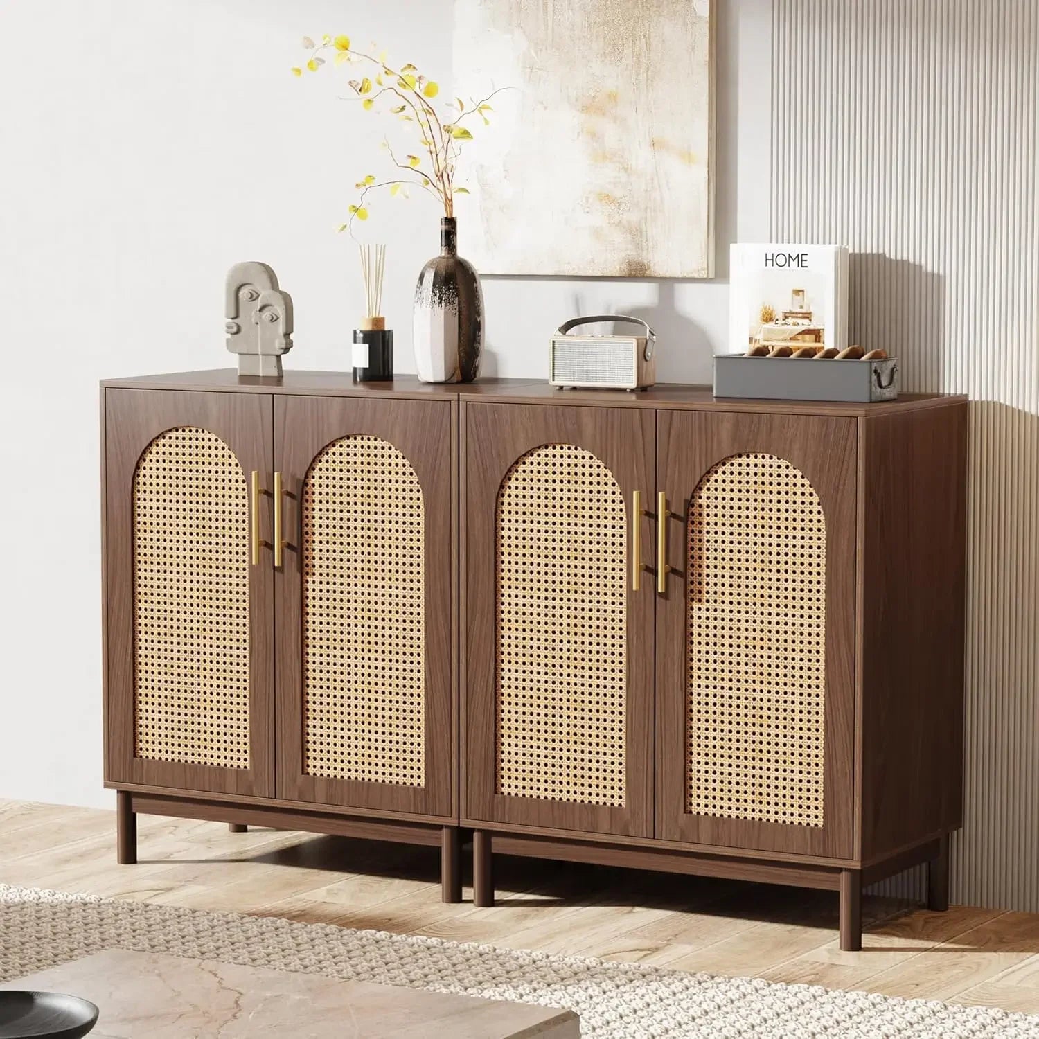 NEW Set of 2 Rattan Sideboard Buffet Cabinet with Storage, 59 Inch Accent Cabinet for Dining Room, Living Room, Kitchen, Rattan
