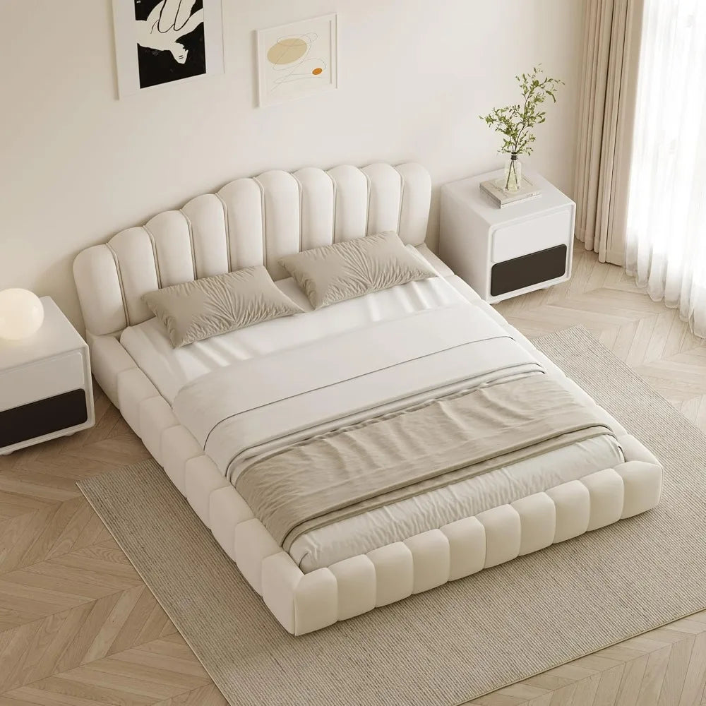 Queen Size Velvet Platform Bed Frame with Shell Headboard and All-Around Cushioning