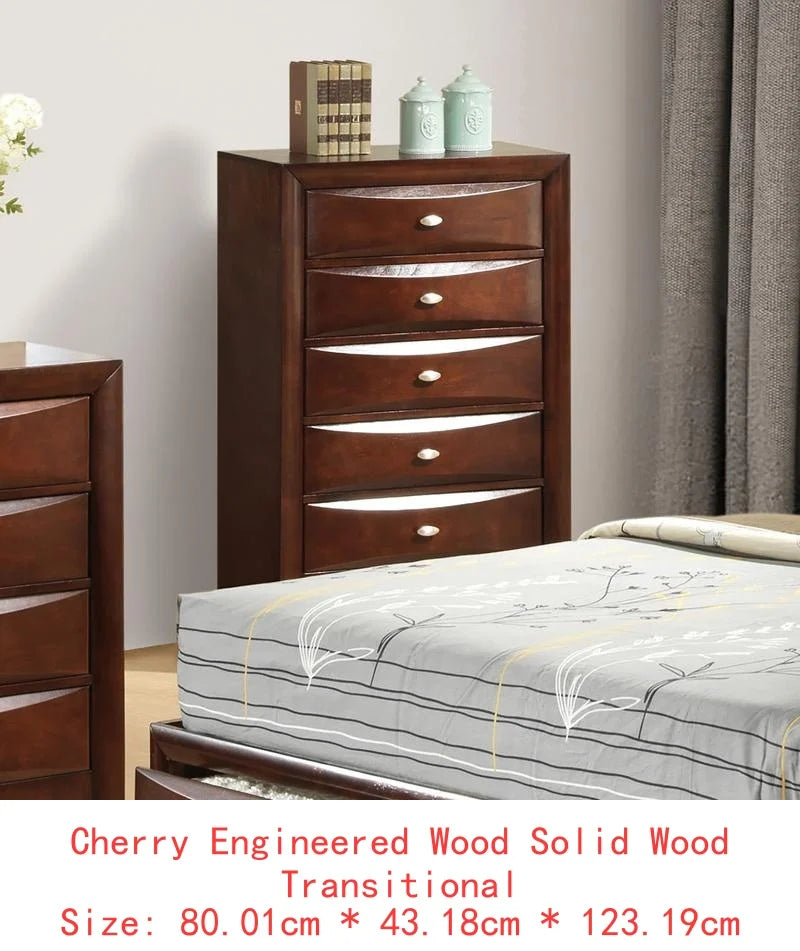 Contemporary King Size Bed with Footboard Drawers & Headboard Bookcase in Cherry Finish