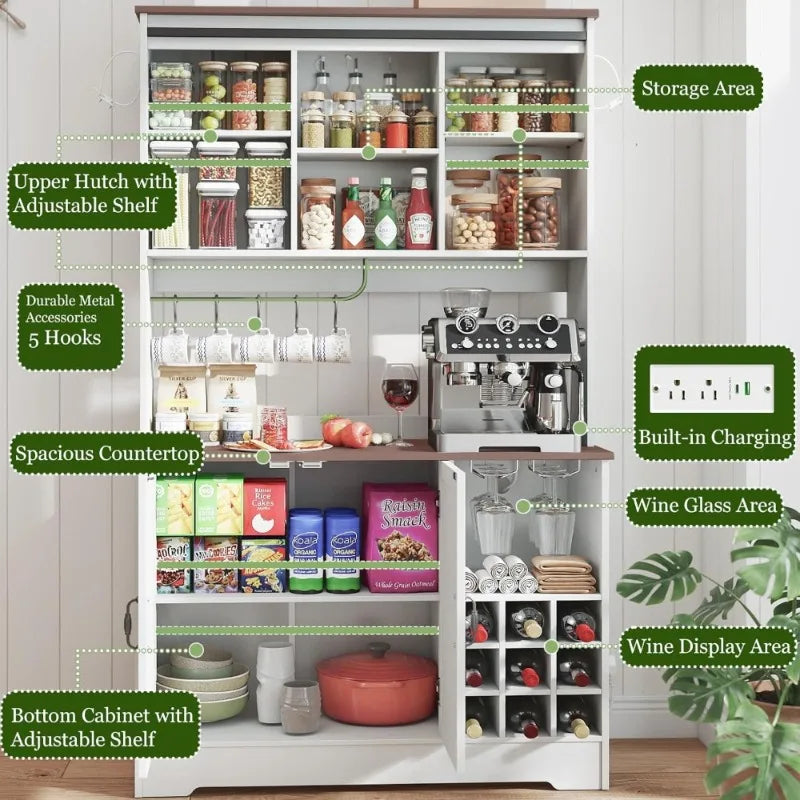 Kitchen Pantry Cabinet with Sliding Doors/ Microwave Storage/ Coffee Bar/ Adjustable Shelves/ Wine Rack/ Cup Hooks/ Farmhouse