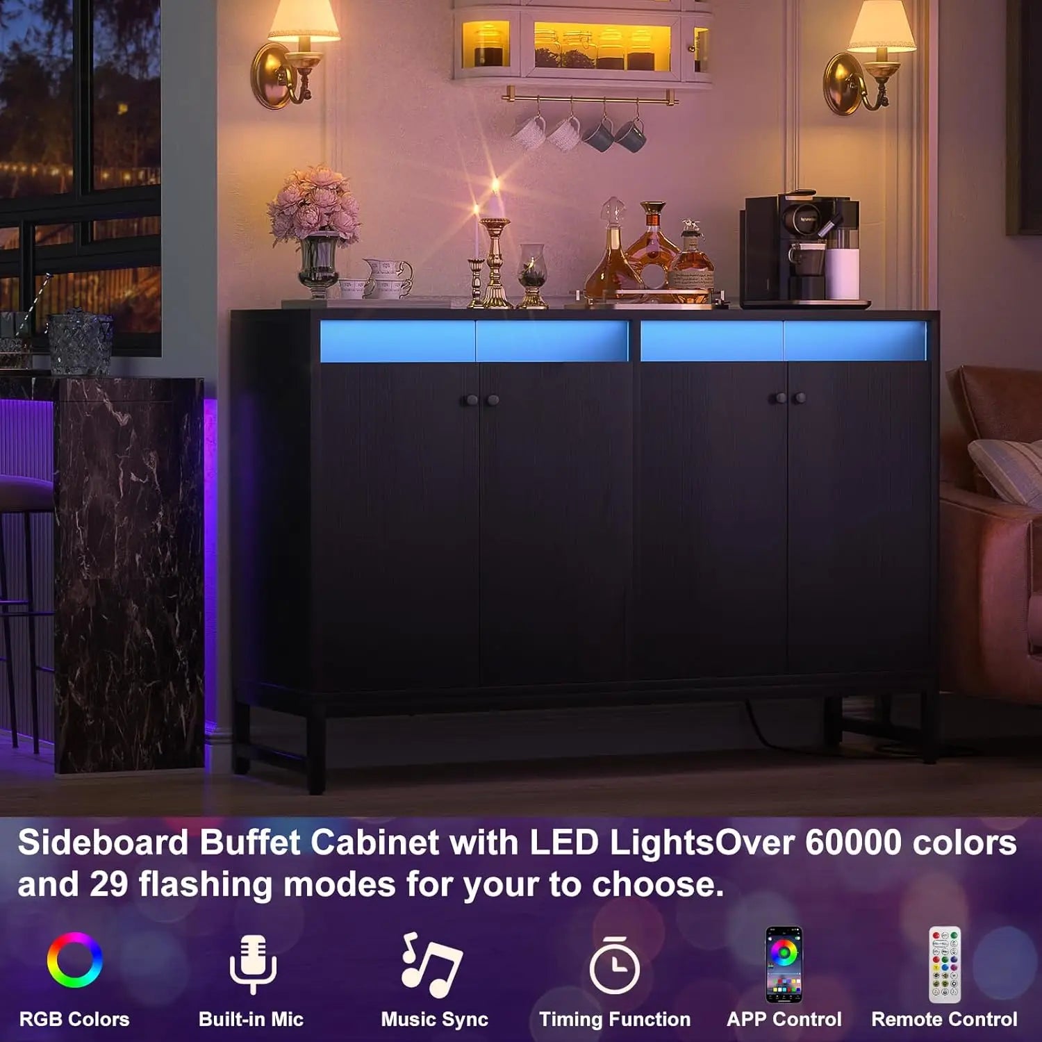 Sideboard Buffet Cabinet with Power Outlet, Kitchen Storage Cabinet with LED Light & Doors