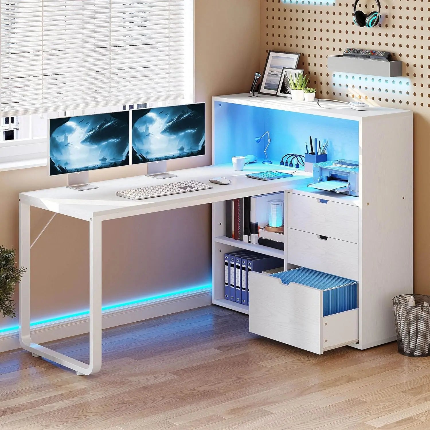 L Shaped Desk with Drawers, 55" Corner Computer Desk with Bookshelf & Power Outlets & LED Lights, Home Office