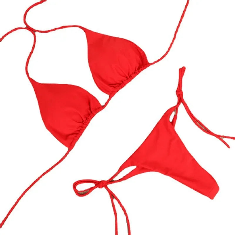 Bikini Sexy Swimsuits Swimwear Swimming Suit for Women Hanging Neck Tie Up Bikini Solid Color Sexy Split Strap Swimsuit Set