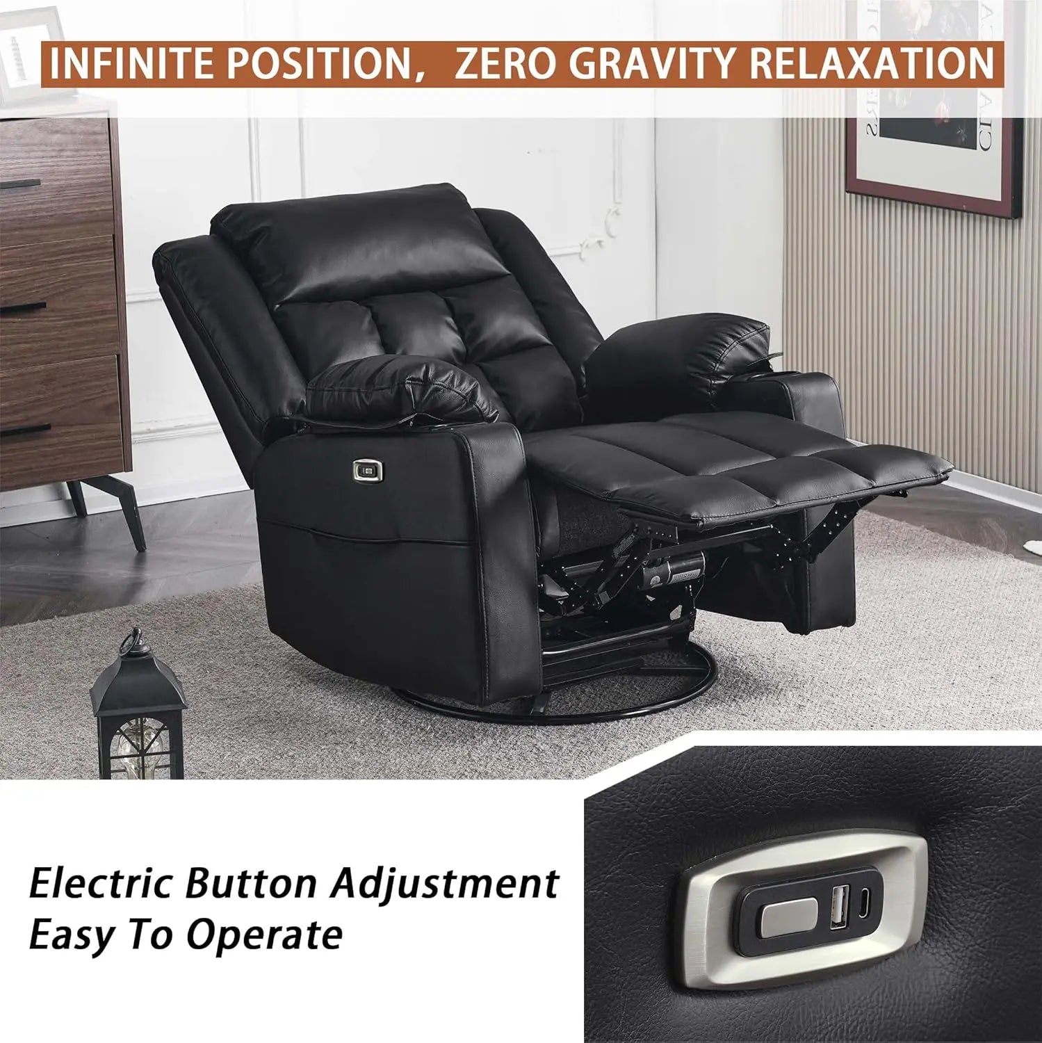 Power Swivel Rocker Recliner Chair for Adults with Massage and Heat, USB and Type-C Ports, Infinite Position, Electric Leather