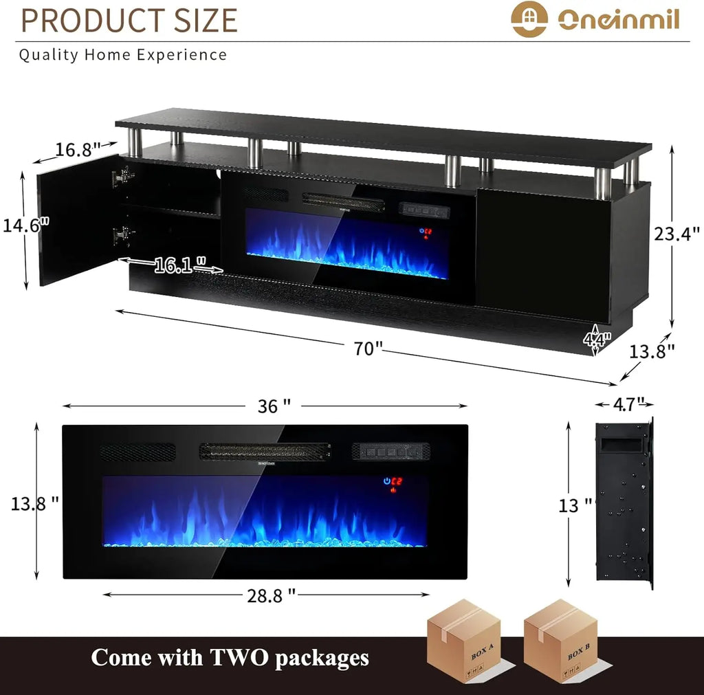 70" Modern Electric Fireplace TV Stand for TVs Up to 80 inch, with Electronic Flame and LED Lights, TV Console Cabinet , Black
