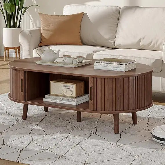 Oval Coffee Table, Mid Century Modern Coffee Table with Sliding Tambour Door, Fluted Center Table with Hidden Storage, Curved