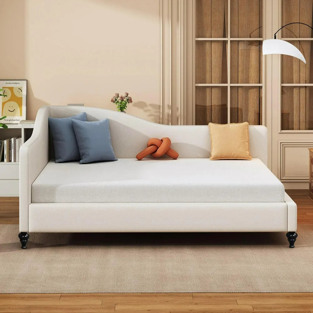 Full-Size Daybed Bed Frame with L-Shaped Linen Sofa Corner for Living and Guest Rooms, Solid Wood Legs, No Box Spring Need