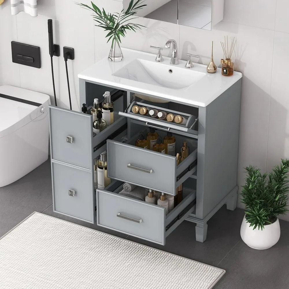 30" Solid Wood Bathroom Vanity with Ceramic Sink and Multi-Function Storage