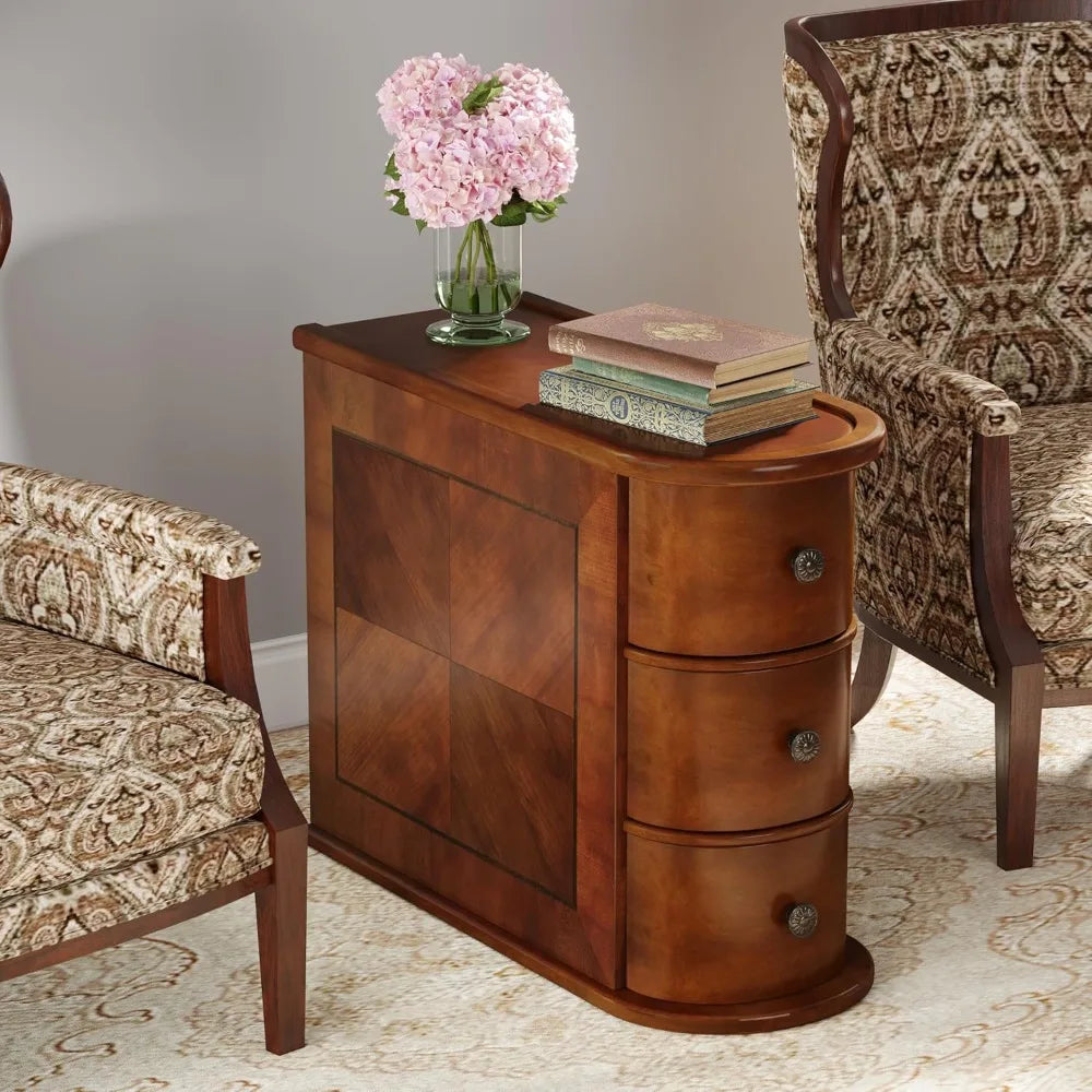 3 Drawers Wood End Table, No Assembly Required, Narrow Sofa Side Table for Living Room, Vintage Slim Nightstand, Bedside Table