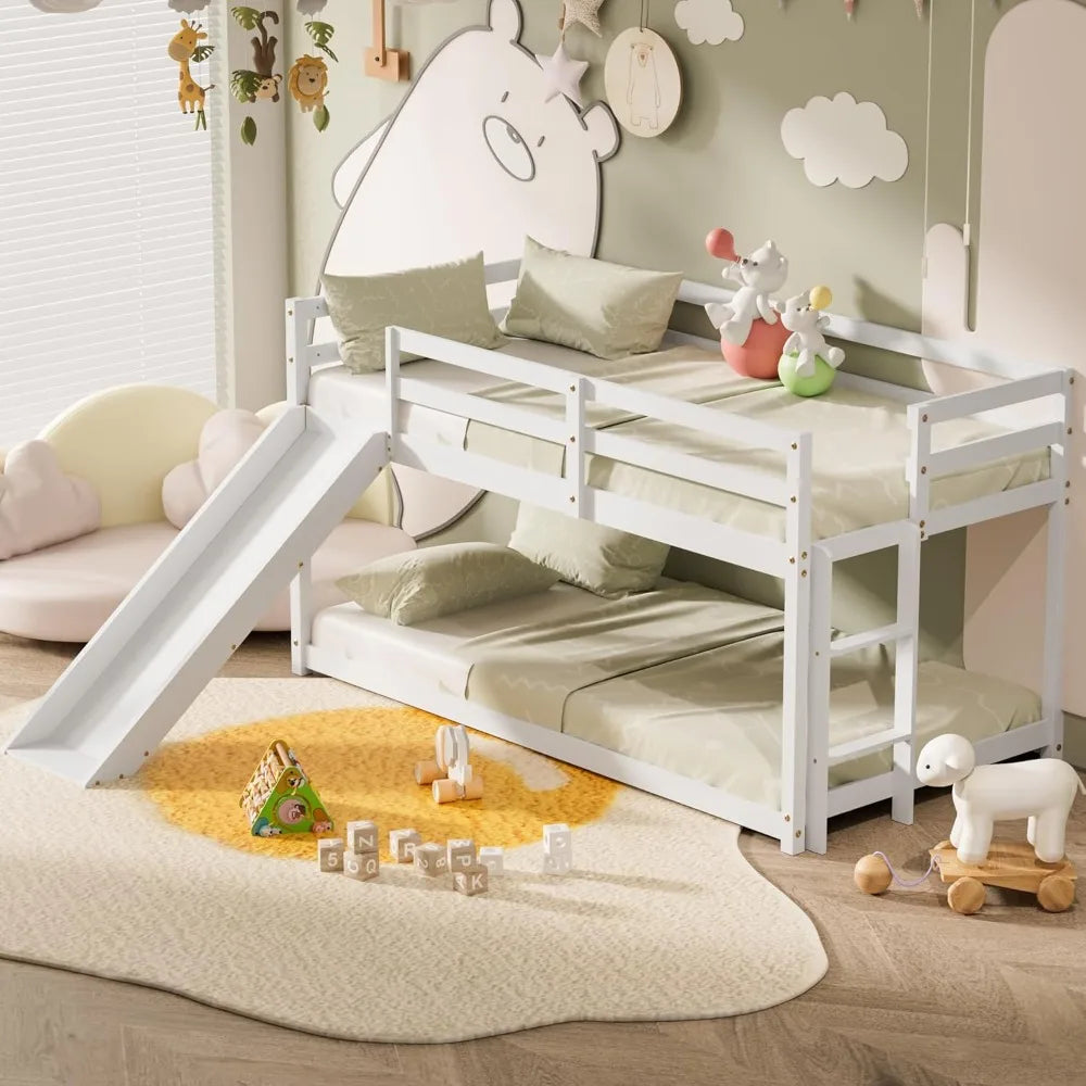 Low Bunk Bed with Slide, Floor Loft Bed with Climbing Ladder, Wood Twin Bunk Bed Frame with Full Guardrails & Storage Space