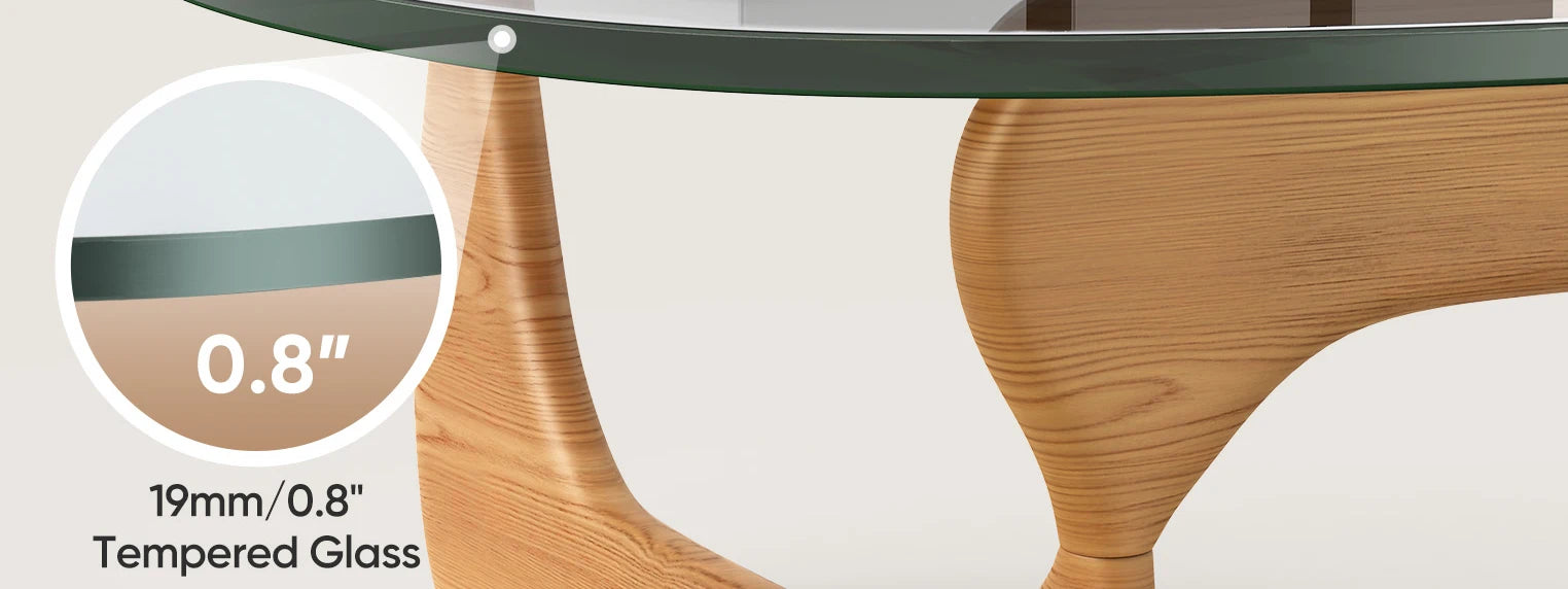 Modern Triangle Glass Coffee Table, Vintage Glass, Wood End Table, Solid Wood Base Coffee Table, for Living Room, Patio