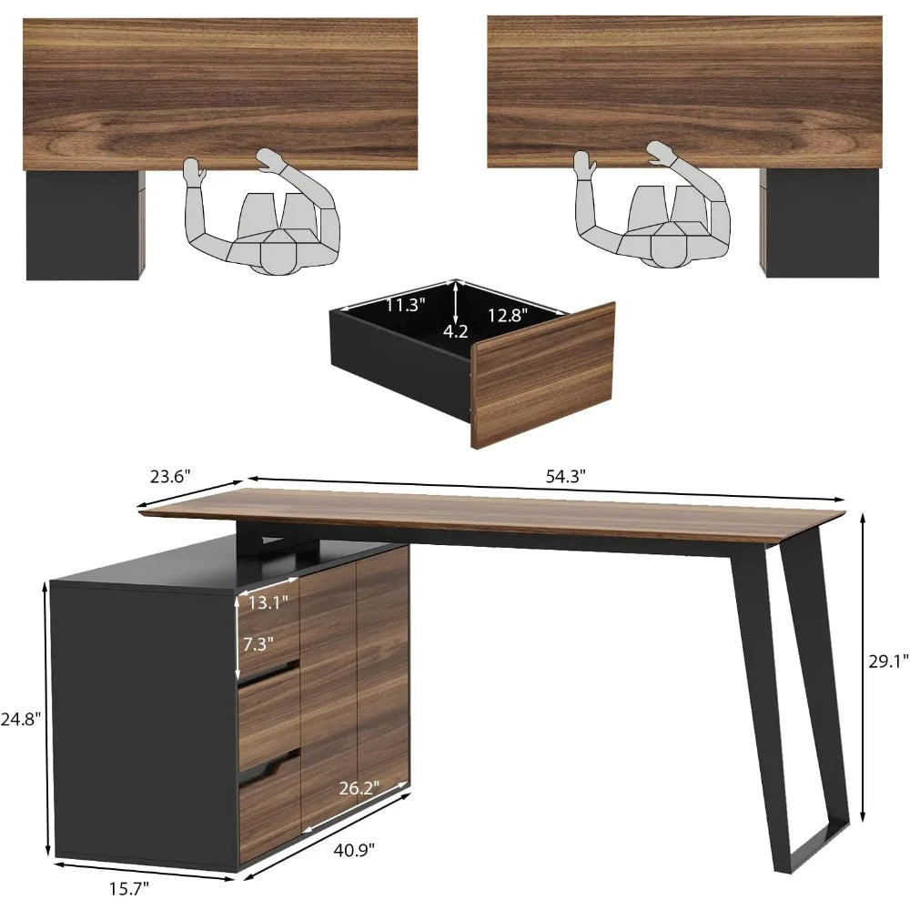Corner Computer Desk with 3 Drawers, 2 Shelves & 2 Doors - 55" L-Shaped Desk for Study and Writing