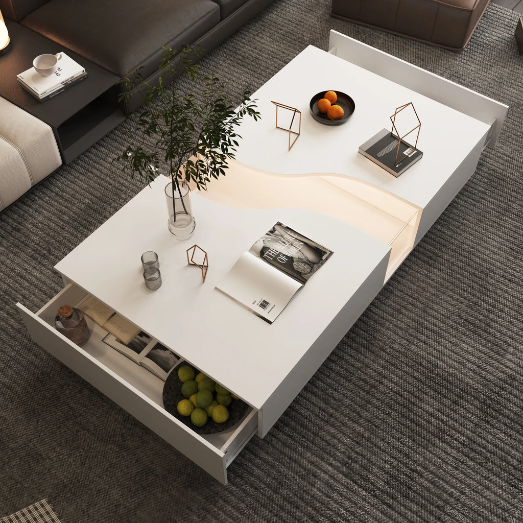 55.1'' Wide Modern Coffee Table With 2 Drawers & LED Lights, Coffee Table With Spacious Tabletop, For Living Room