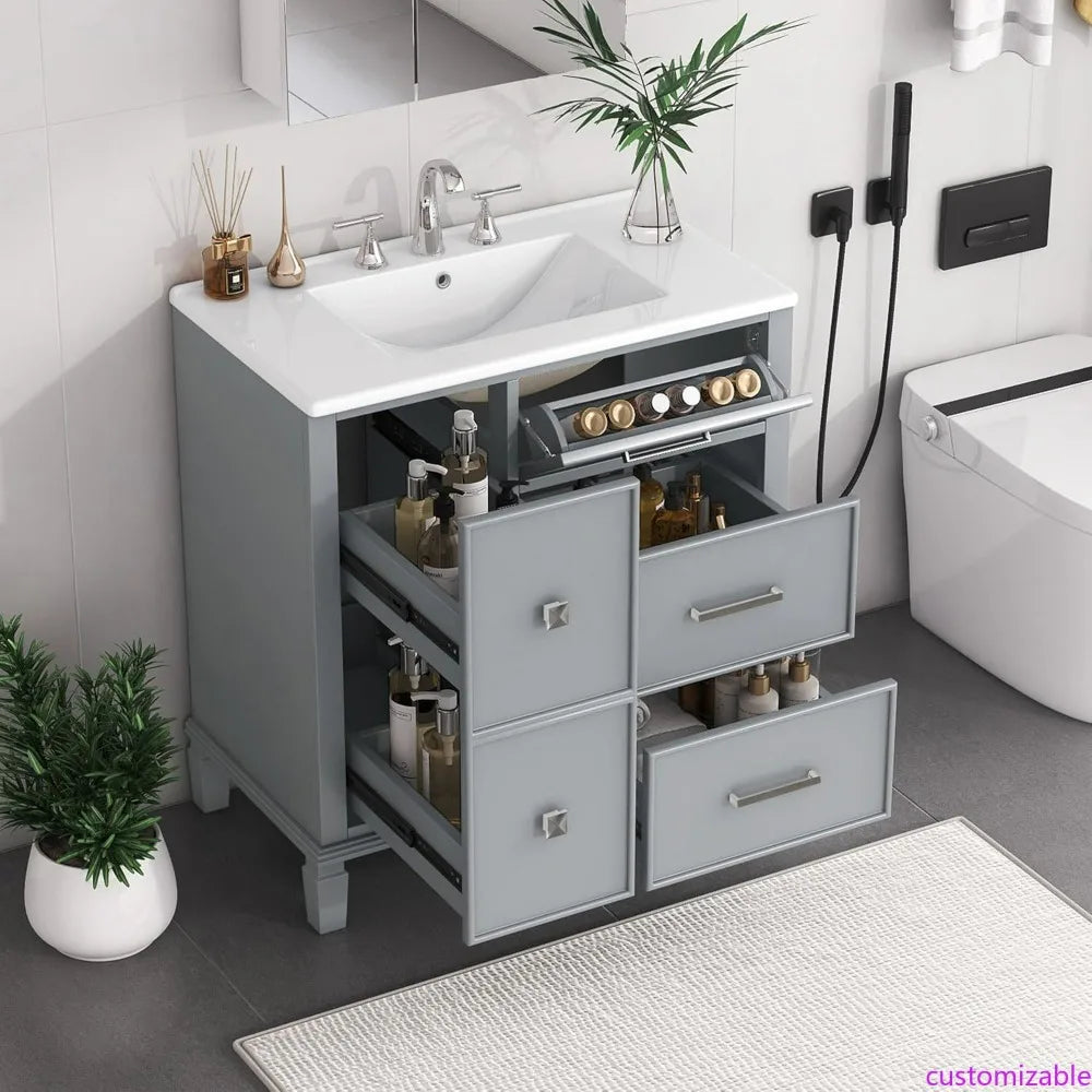 30" Solid Wood Bathroom Vanity with Ceramic Sink and Multi-Function Storage