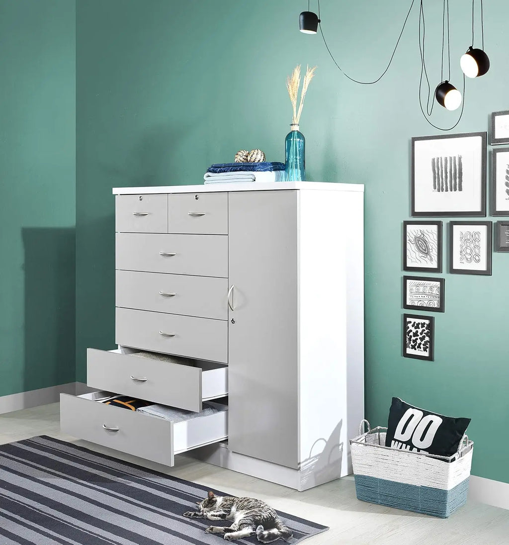 7-Drawer Large Chest with 5 Big Drawers, 2 Small Drawers, Locks, Hanging Rod, and 3 Shelves in Grey-White
