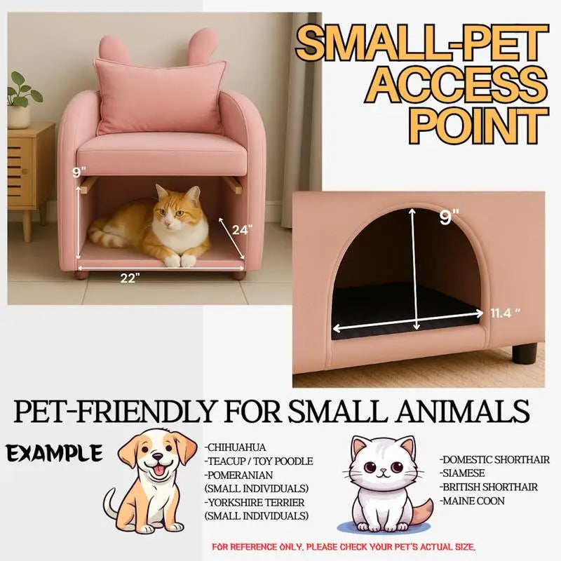Pet-Friendly Velvet Pink Bunny-Ear Armchair with Cat & Dog Hideaway, Plush Dual-Use Chair with Side Pocket, 27.4 x 25.2 x 37.4