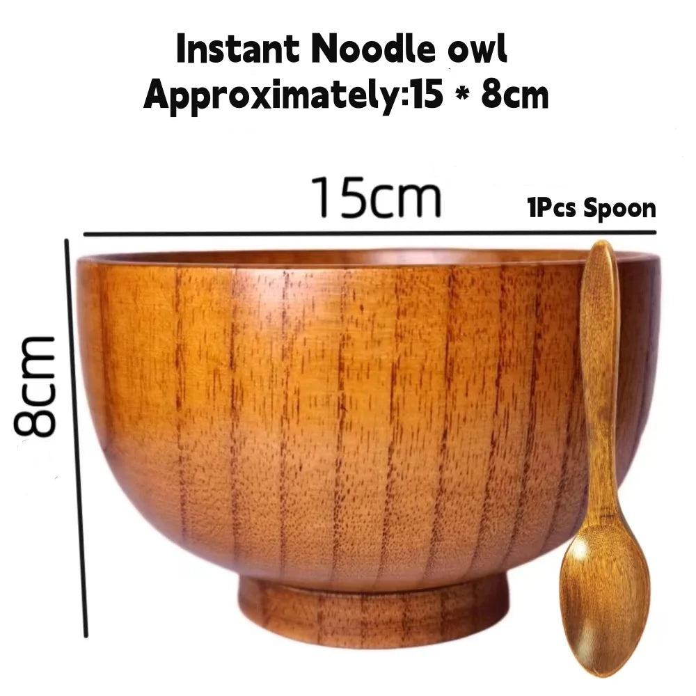 Kitchen Natural Wooden Soup Bowls,Round Fruit Salad Rice Bowls,With Spoon Set Food Containers Bowls,Large Tableware Noodle Bowls