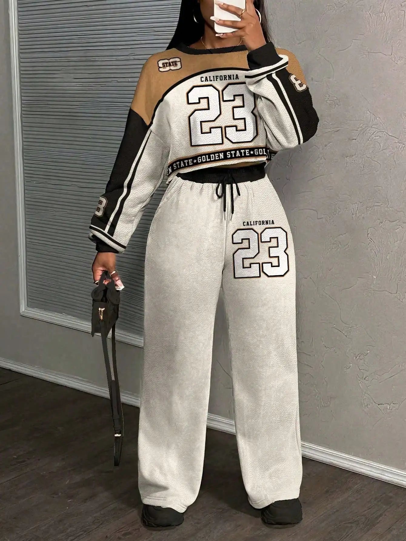 California 23 Two Piece Set Women's Streetwear Crop Top & Wide Leg Pants/Fall Winter