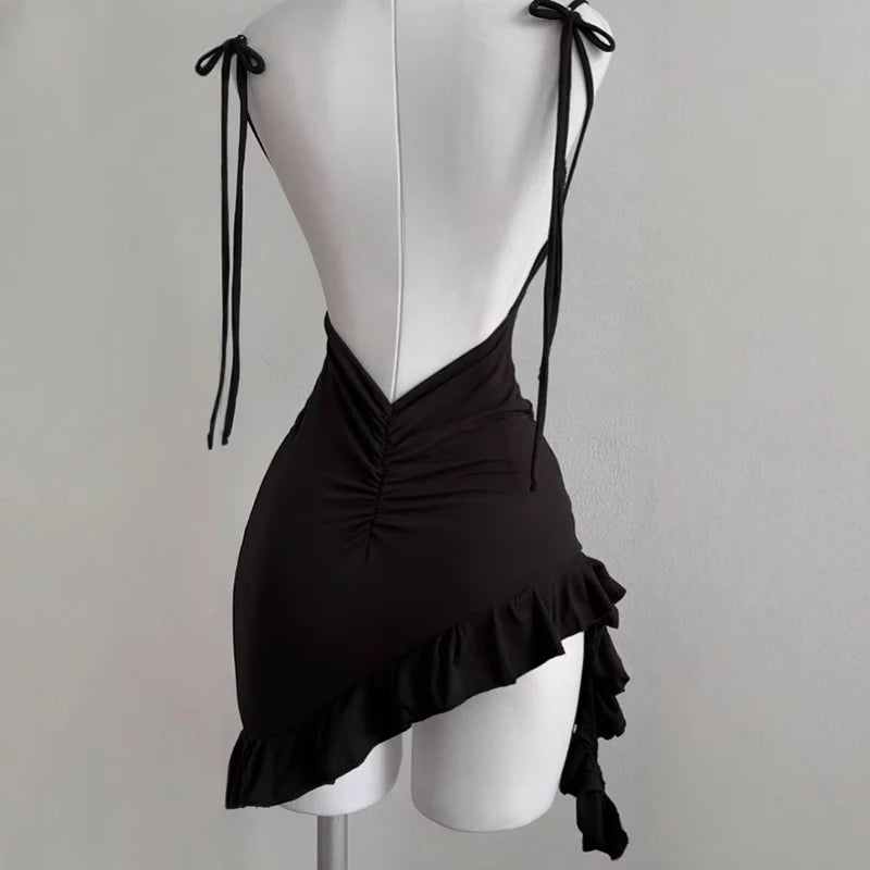 2026 Sexy Sleeveless Backless Mini Dress Women Summer Europe America Lace Up Bodycon Dresses High Street Party Club Black Dress