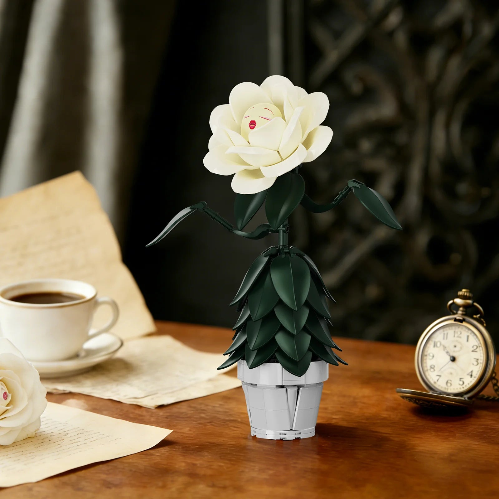 Wonderland Flower Building Blocks Sets/ White Rose/ Artificial Model/ Home/ Room Decoration/ Office/ Desktop Ornament Gifts for Women/ Girls