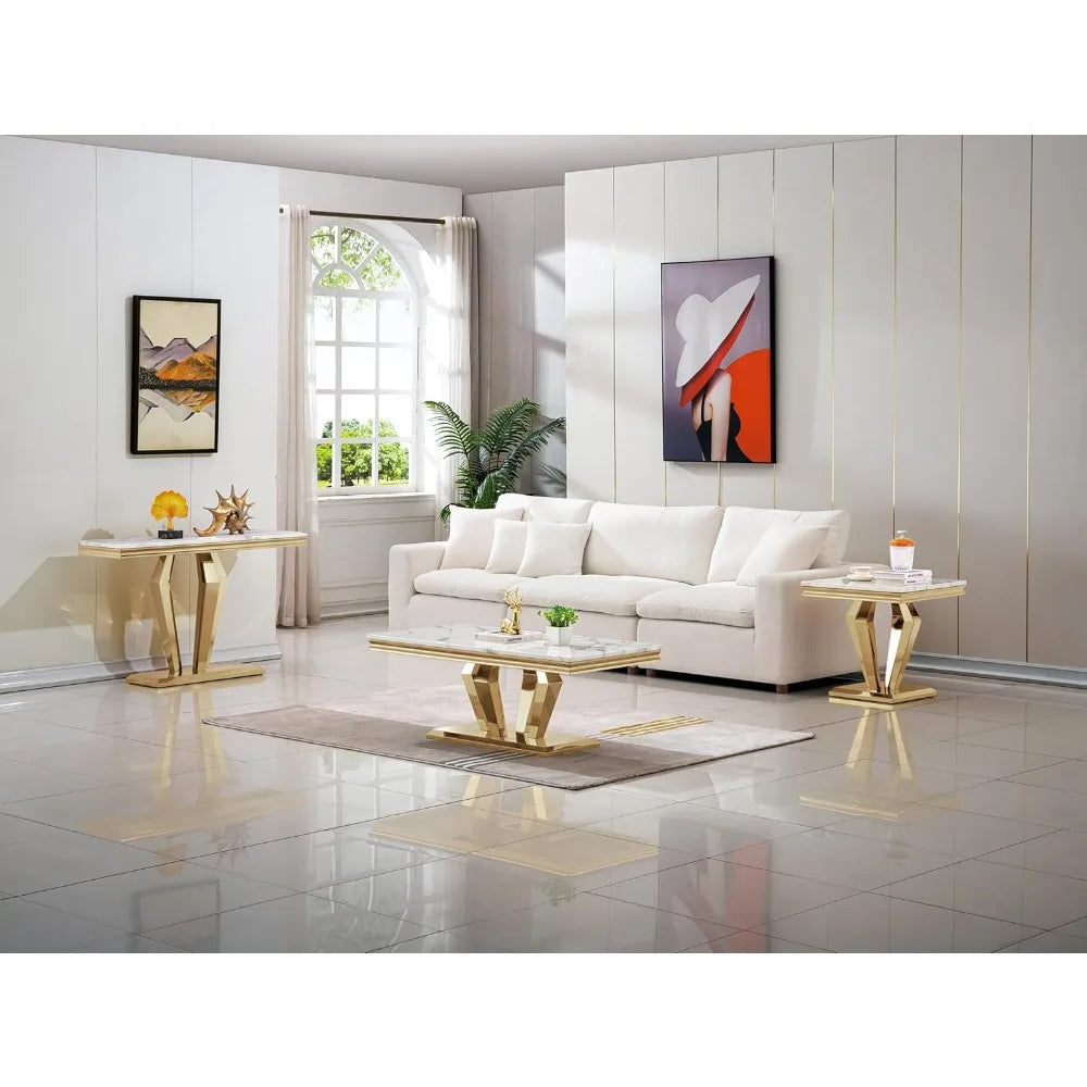 Luxury Marble Coffee Table with Stainless Steel Pedestal, 47" Modern Gold Coffee Table for Living Room, Rectangle Faux Marble