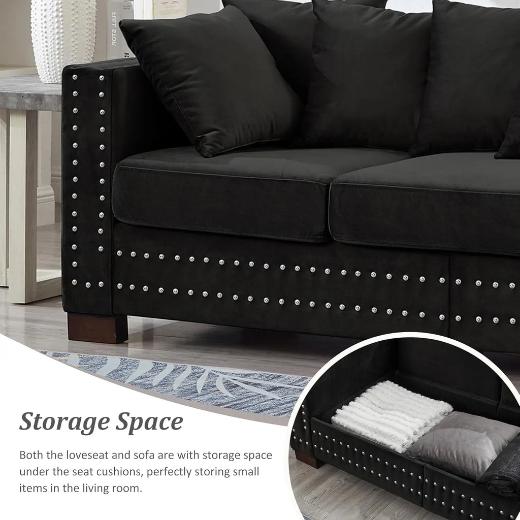 2-Piece Modern Velvet Upholstered 2+3 Seater Sofa Set with Storage Space, Loveseat and Sofa Couch with Silver Nail Trim