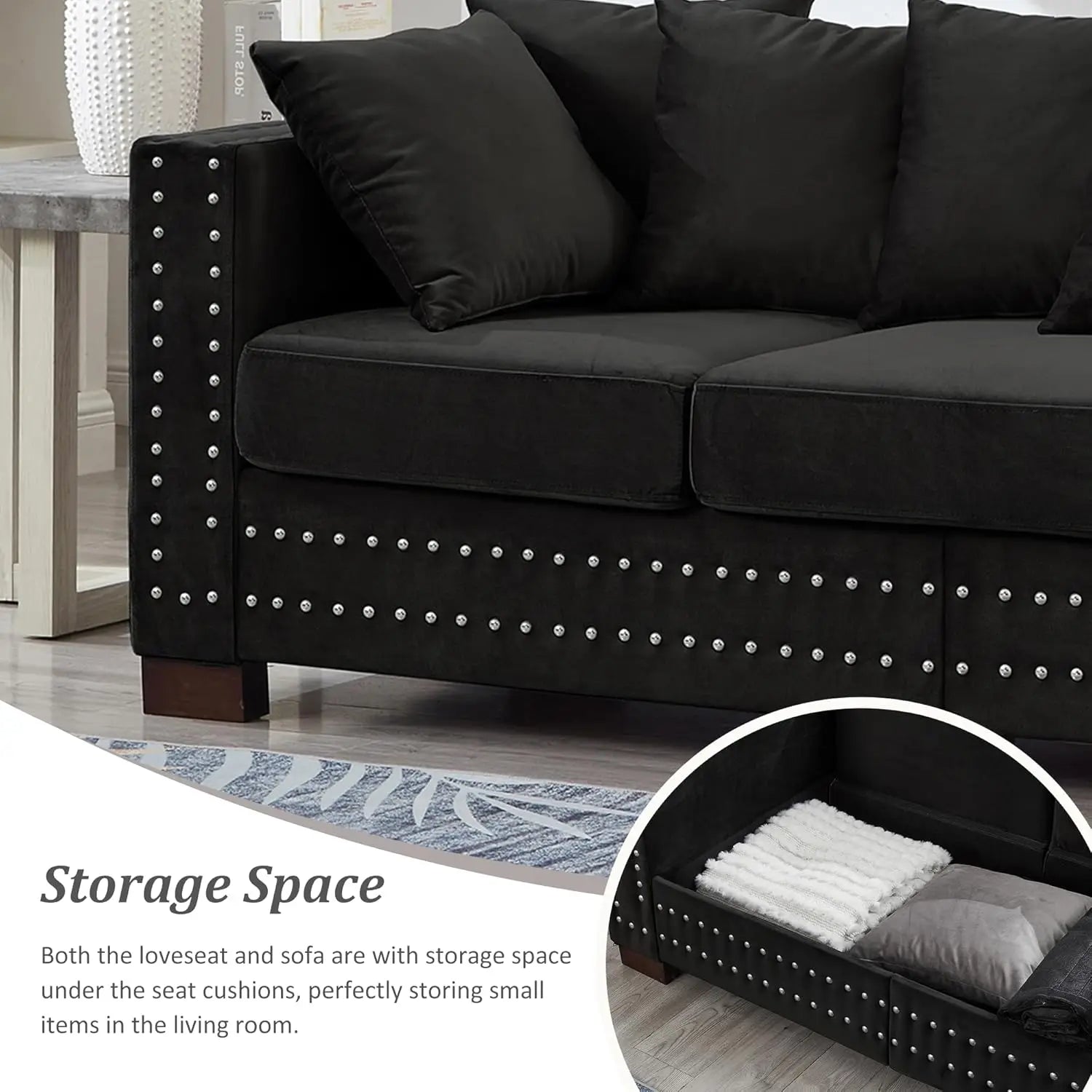 2-Piece Modern Velvet Upholstered 2+3 Seater Sofa Set with Storage Space, Loveseat and Sofa Couch with Silver Nail Trim