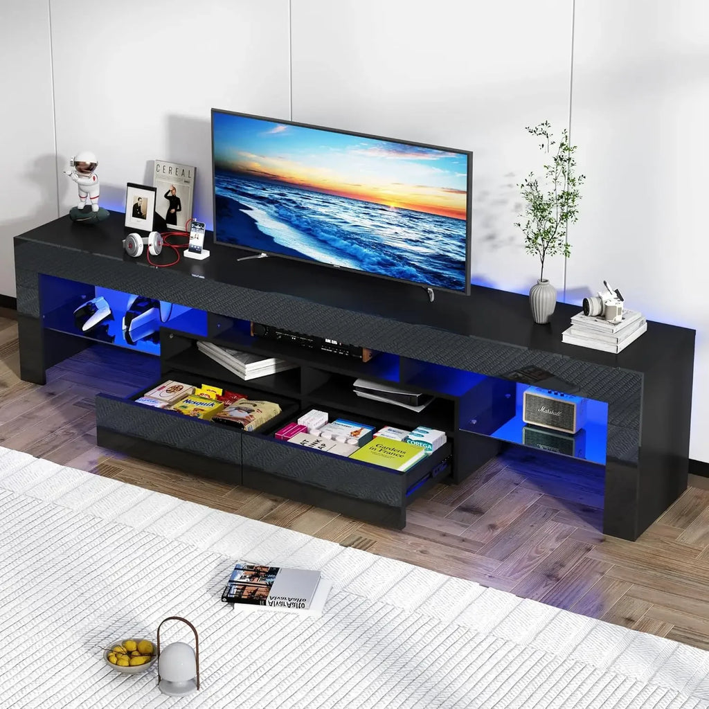 LED TV Stand for 75/85/90 inch TV, High Glossy Modern Entertainment Center with Drawer and LED Lights