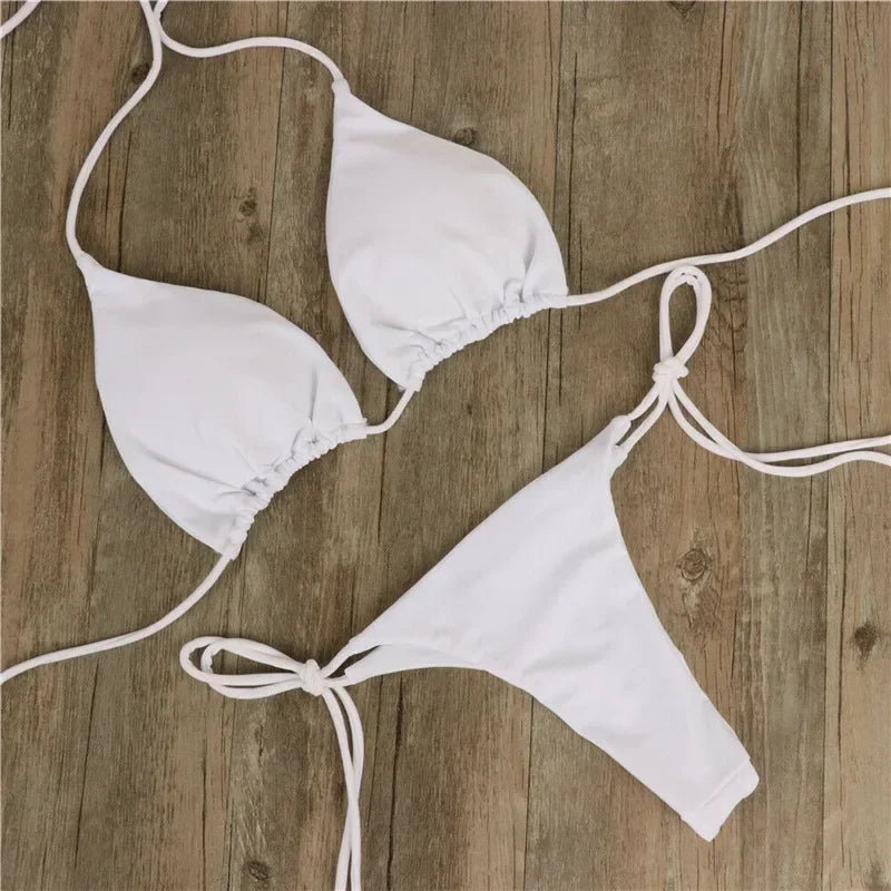 Bikini Sexy Swimsuits Swimwear Swimming Suit for Women Hanging Neck Tie Up Bikini Solid Color Sexy Split Strap Swimsuit Set