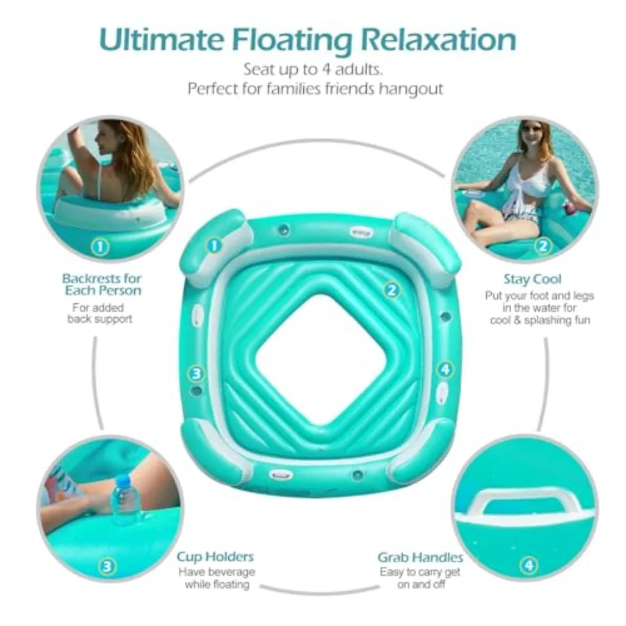 Floating Island Pool Float - Giant Inflatable Multi Person Pool Party Floats Swimming Pool Lounger Raft with Cup Holders Lake F