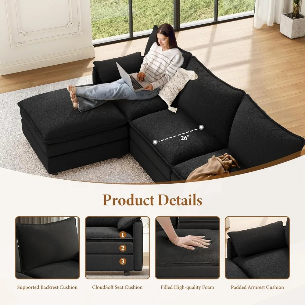 142" Cloud Couch Sectional Modular Sofa, Comfy Sectional Couch with Ottoman Deep Seat Chenille L Shaped Sofa, Modular Couches
