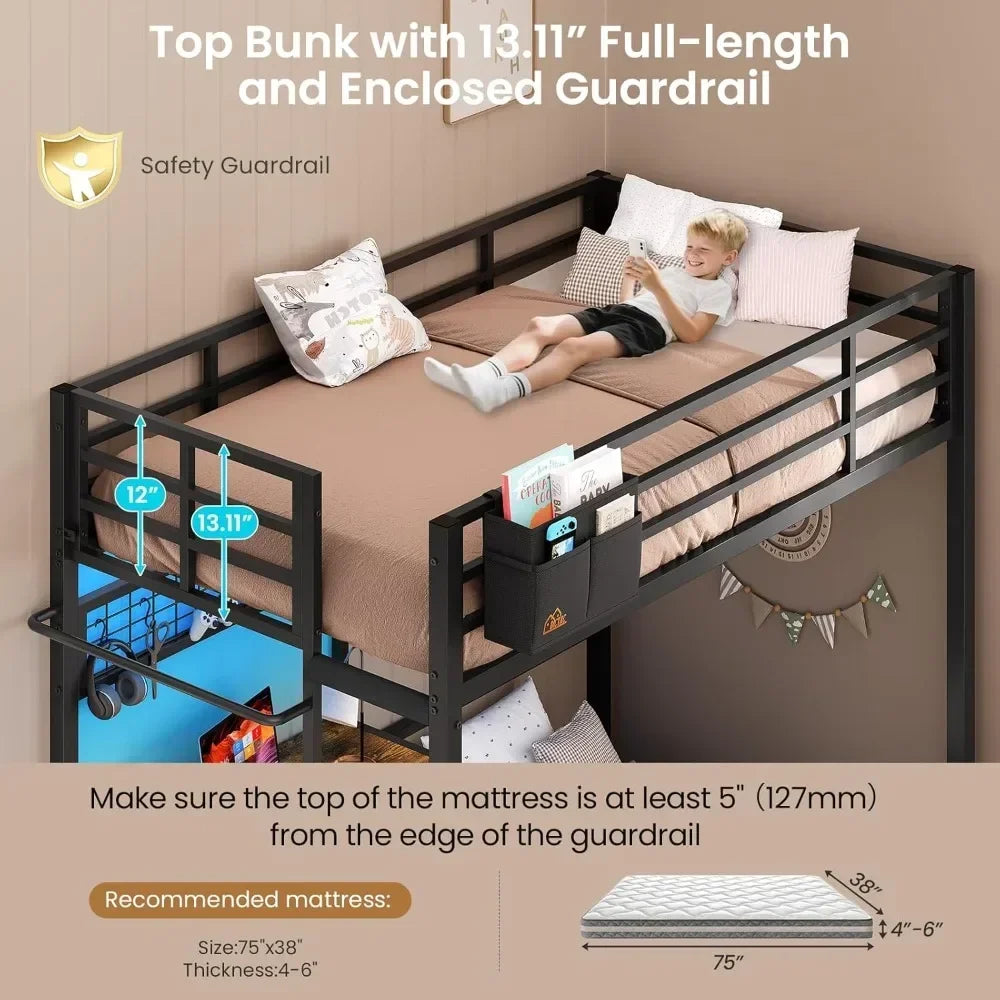 Metal L-Shaped Twin over Twin Bunk Bed with Desk, LED Lighting, and Charging Station