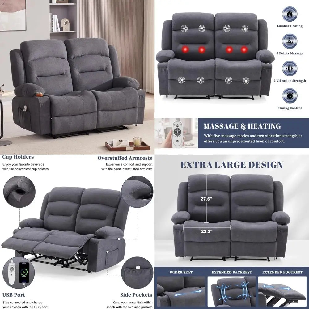 Spacious Two-Person Reclining Loveseat with Heating and Massage, Compact Recliner Sofa with Drink Holders and USB Charging