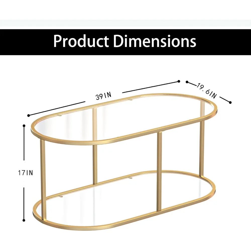Gold Glass Coffee Table for Living Room, 2 Tiers Oval Center Table with Sturdy Metal Frame, Modern Tempered Glass Accent