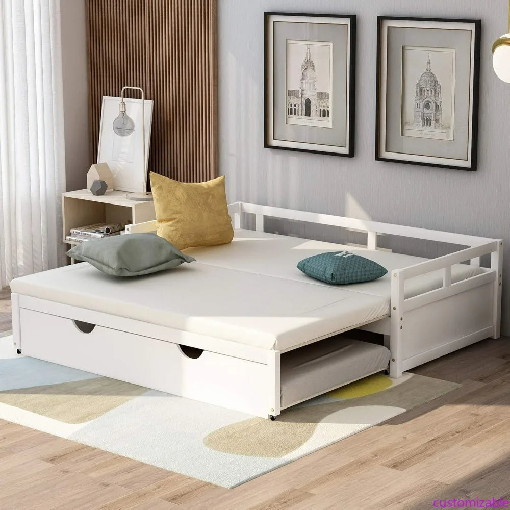 Expandable Daybed with Trundle Drawer, Twin to King Size Conversion, Solid Pine Wood Bed with Slats