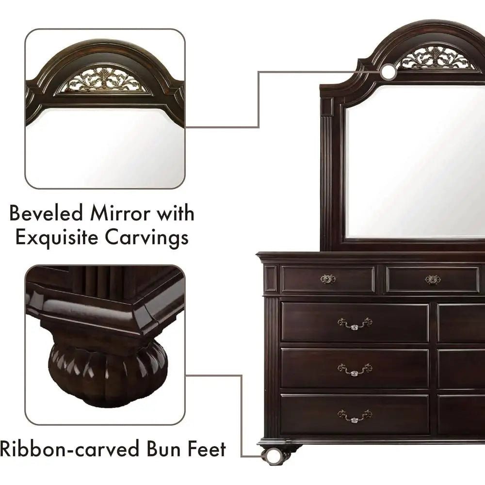 6-Piece Solid Wood Traditional Bedroom Set with Chest, Mirrored Dresser, 2 Nightstands, Requires Box Spring, Queen Size, Walnut