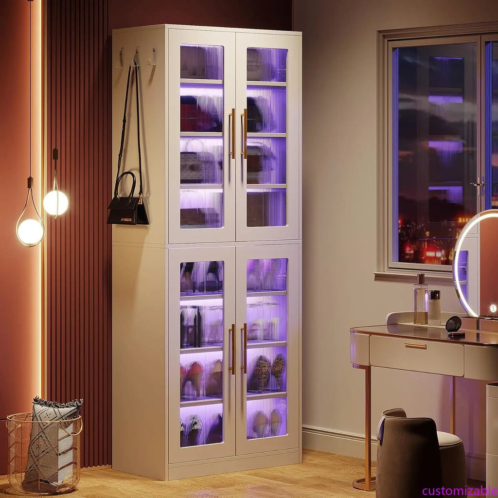 Tall Shoe Storage Cabinet with Acrylic Doors and LED Lights, 8-Tier Entryway Shoe Organizer Rack with Adjustable Shelves