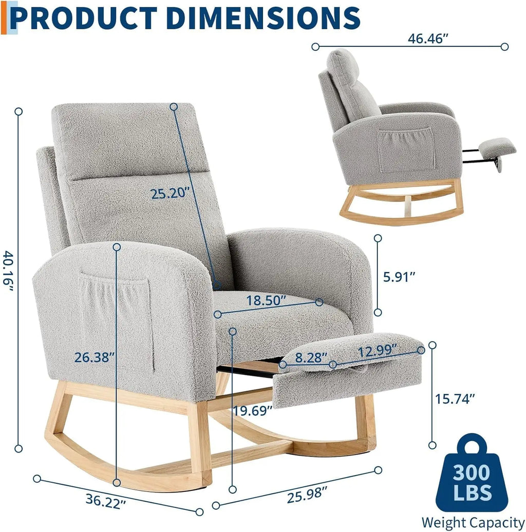 Rocking Chair Nursery Chairs with Foot Rest, Recliner Armchair with High Backrest & Wood Legs and Side Pocket for Living Room