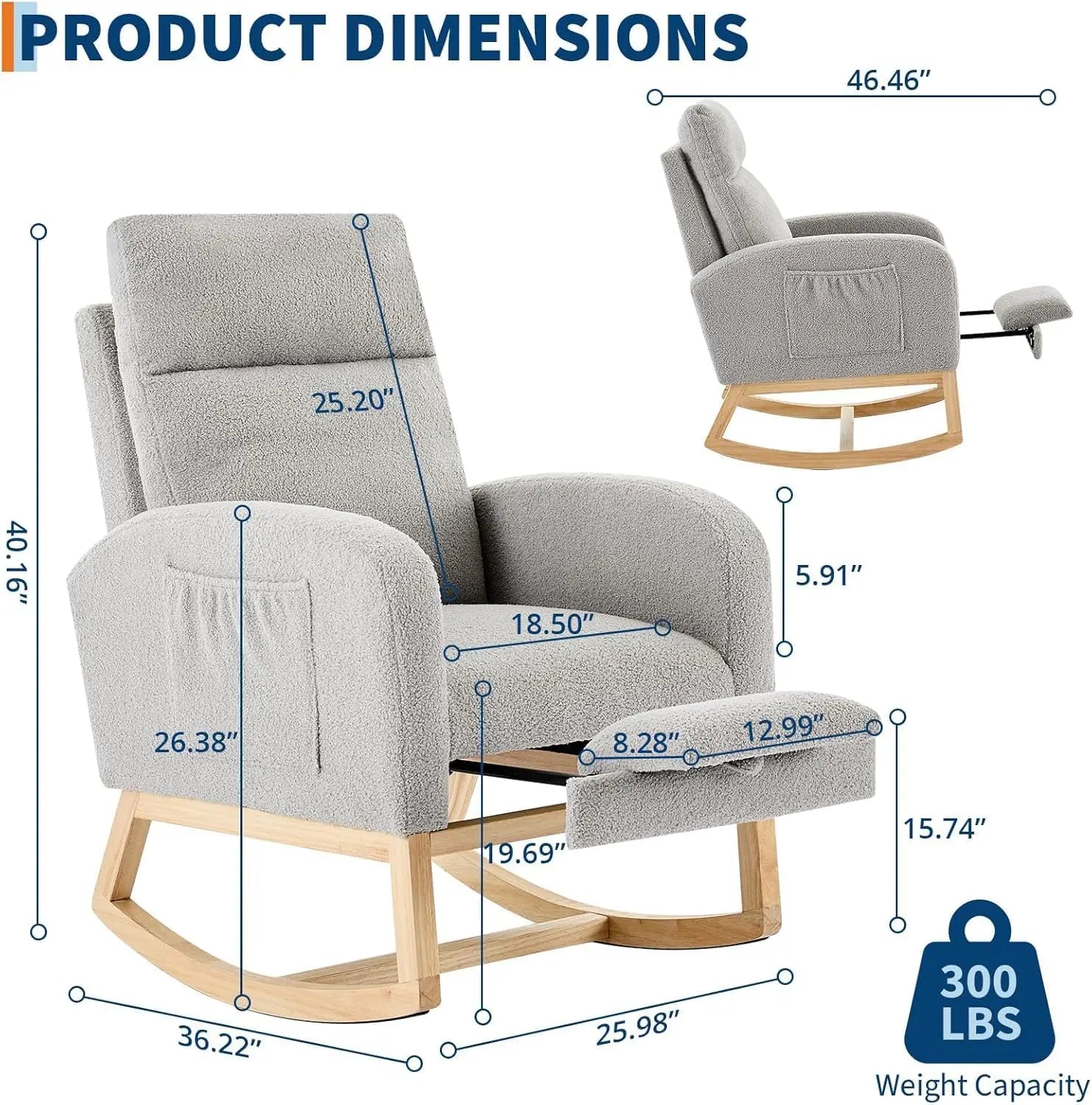Rocking Chair Nursery Chairs with Foot Rest, Recliner Armchair with High Backrest & Wood Legs and Side Pocket for Living Room