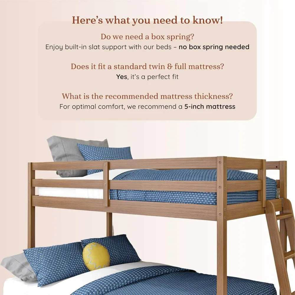 Grain & Grove Twin-Over-Full Bunk Bed for Kids with Ladder, Guardrail, and Slats, No Box Spring Needed