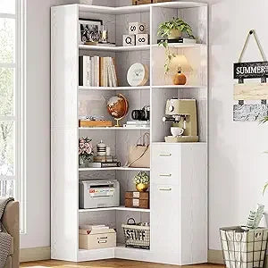 L-Shaped 76-Inch Tall Corner Bookshelf with 6 Tiers, 10 Open Shelves, and 2 Storage Drawers
