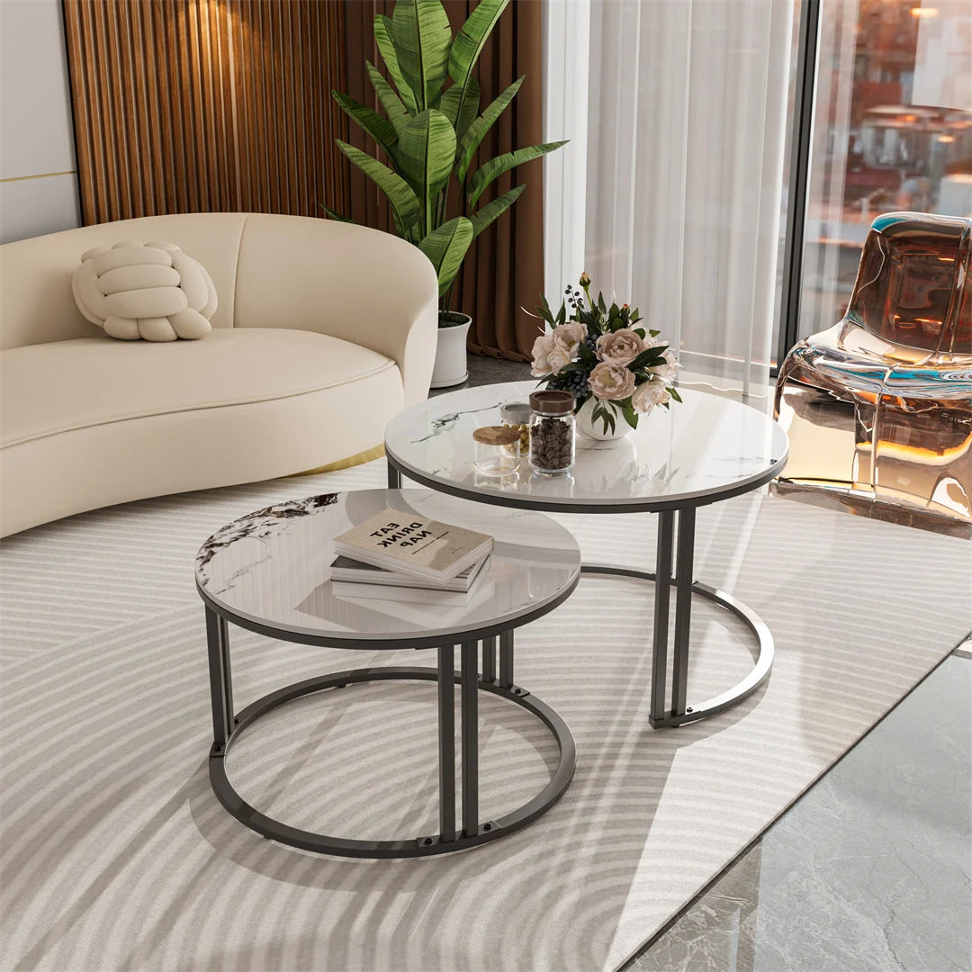 Set of 2 Round Living Room Nesting Table Anti-Rust Outdoor Stacking Center Coffee Table, Small Space Friendly