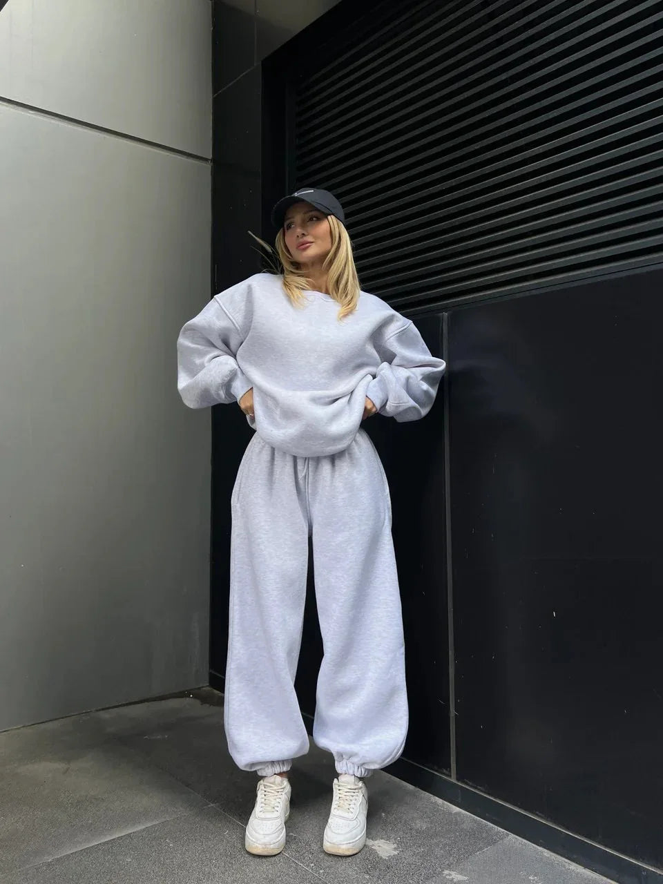 Fashionable Solid Color Loose Round Neck Sweatshirt with Belt/ Casual 2-Piece Set Women's Street Style Polyester Long Pants