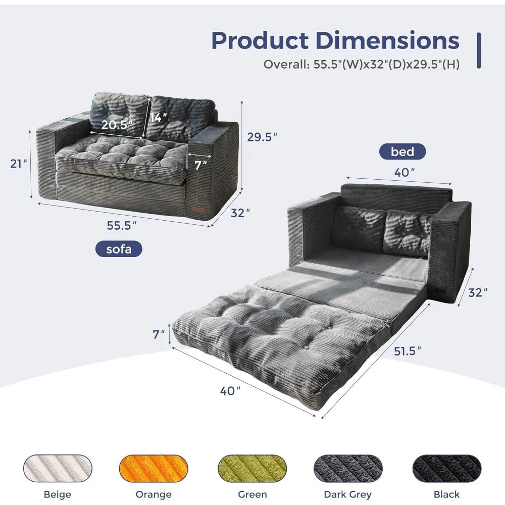Convertible Sofa Bed, Pull-Out Loveseat Sleeper, 2-in-1 Folding Couch, Fold-Out Floor Couch with Pillows