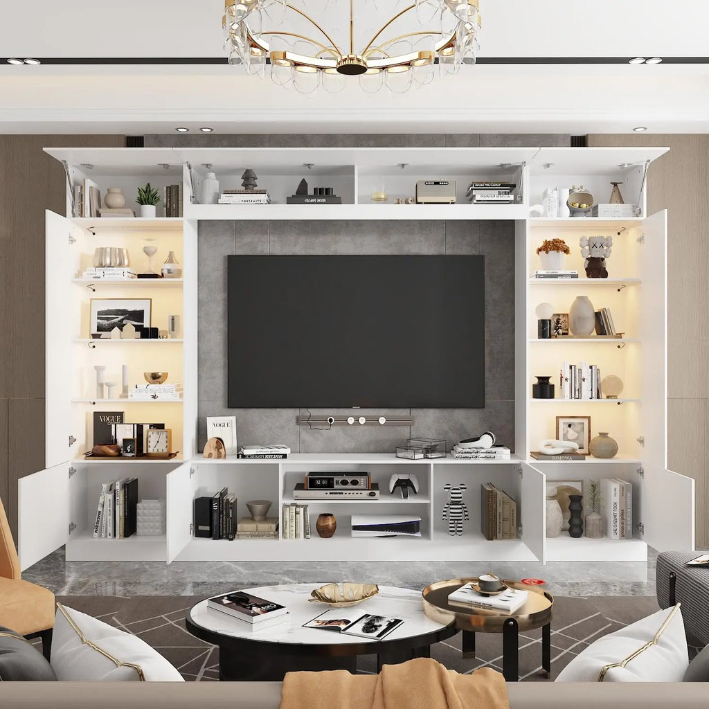 114" Large Wall Unit Entertainment Center with Bookshelves, Lights and 18 Shelves, Modern 4-Piece TV Stand Media Console Table